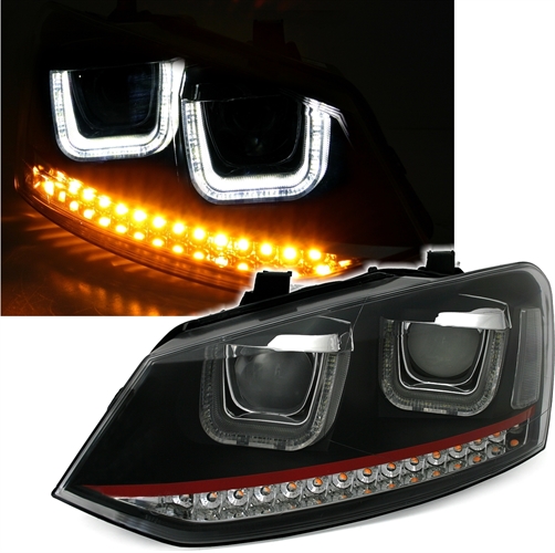 Headlights VW Polo 6R / 6C 09- DRL Dynamic Black / Red Facelift GTI look-Copy  With Dynamic indicator