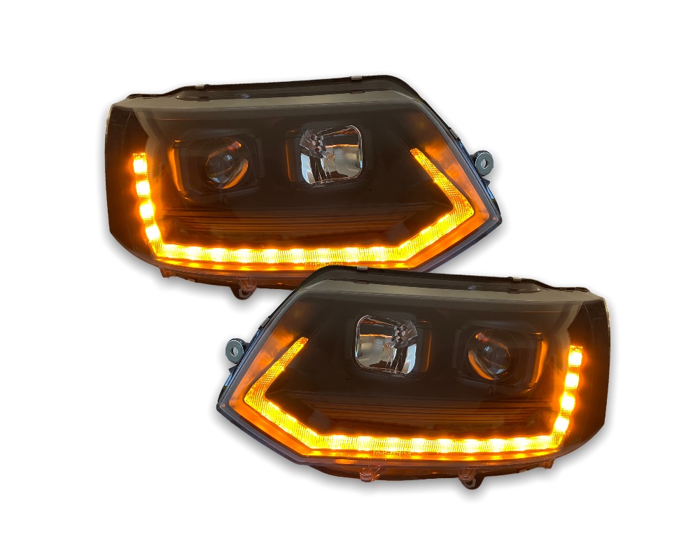 Headlights VW T5 09-.. Devil Eyes Dlite LED Piano-black